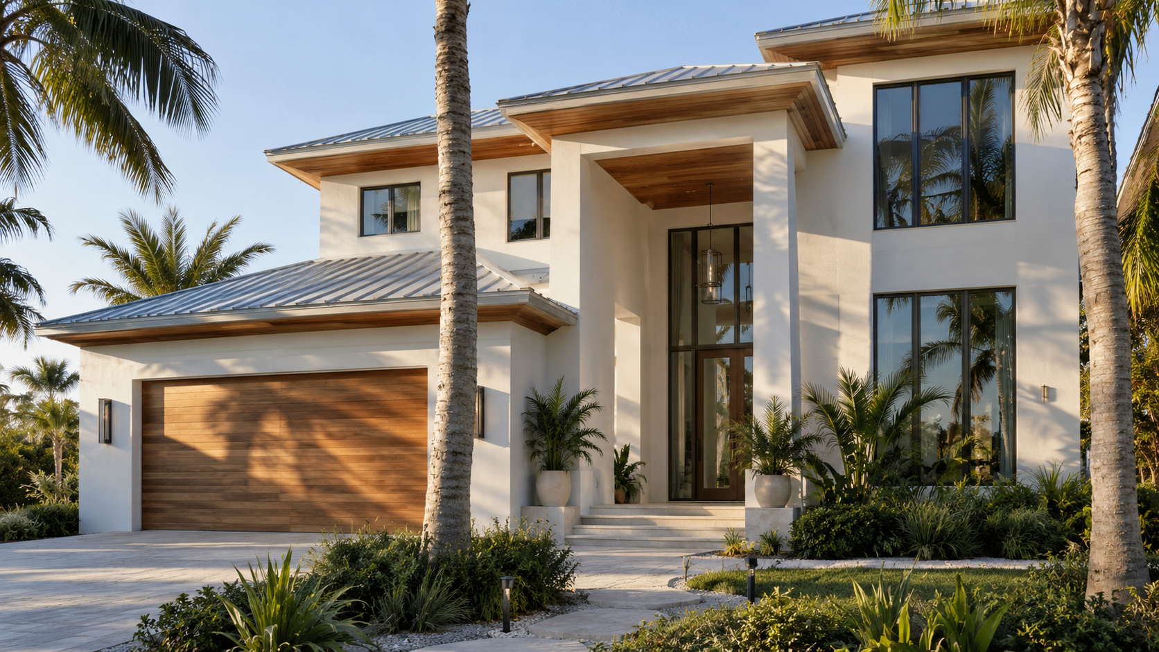 A coastal home framed by palm trees